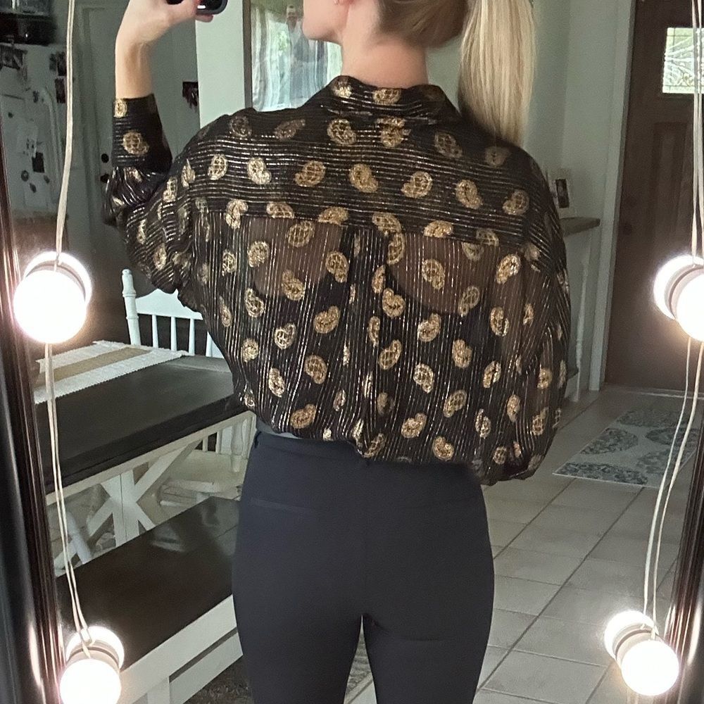 Zara Black & Gold Metallic Paisley Print Button Down Long Sleeve Blouse - Picture 3 of 10